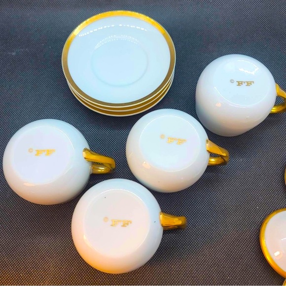 FITZ FLOYD 4 White Gold Espresso Demitasse Custard Desert Cups Lids Saucers RARE - Picture 5 of 8